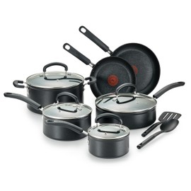 T-fal Advanced Nonstick Cookware Set 12 Piece, Oven Broiler Safe 350F, Kitchen Cooking Set W/Fry Pans, Saucepans, Deep Saute, Dutch Oven & Kitchen Utensils, Pots and Pans, Dishwasher Safe, Black