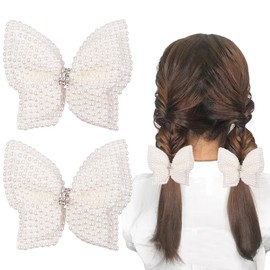 Double Layer Pearl Hair Bows for Girls, White Butterfly Flower Alligator Hair Bow Clip Wedding Rhinestone Hair Accessories for Baby Infants Toddlers Kids Xmas Party Gifts (4 PCS H)