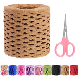 Swpeet Beautifu 1 Roll Light Coffee 218 Yards Raffia Paper Craft Ribbon with Scissors Assortment Kit, Natural Raffia String Kraft Craft Packing Paper Twine for Gifts DIY Supplies Bouquets Decorations
