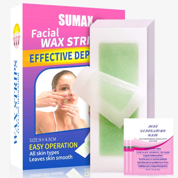 Facial Body Wax Strips Hypoallergenic All Skin Types Lip Hair Removal Wax Strip For Women Man At Home Waxing Kit with 72 Face Wax Strips + 4 Calming Oil Wipes