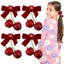 4 PCS Red Cherry Hair Claw Clip,Cute Hairpin Realistic Cherry Hair Clips,Girl Christmas Bowknot Hairpins Fruit Hair Clips Hair Accessories for Girls
