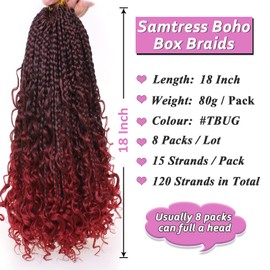 Samtress Boho Box Braids 18 Inch 8 Packs Ombre Burgundy Goddess Box Braids with Cruly Ends Pre Looped Messy Bohemian Box Braids Synthetic Braiding Hair Extensions for Women (#TBUG)