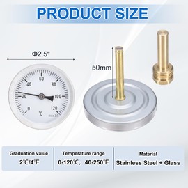 MECCANIXITY Bimetal Thermometer with 2in Stainless Steel Stem & 2.5in Dial, 0-120°C Temperature Range, Shatterproof Glass Lens - Industrial Grade