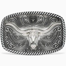Western Longhorn Texas Bull Buckle-Large, For Rodeo Cowboy Men & Cowgirl Women/Two Toned Antique Silver