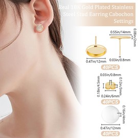 Beebeecraft 1 Box 40 Sets Stud Earring Cabochon Setting 18K Gold Plated Stainless Steel Round Flat Blank Stud Earring Bezel with Ear Nuts Earring Posts for Jewelry Making Finding Supplies DIY Crafts