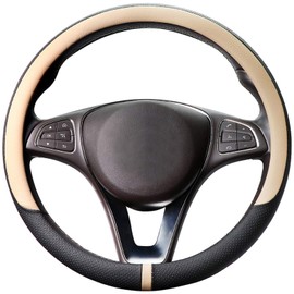 COFIT 15 Inch Cubre Volante Microfibra Cuero Cubrevolante Auto Antideslizante Fundas Universal Volante de Automovil para Talla S 37-38cm, Beige y Negro
