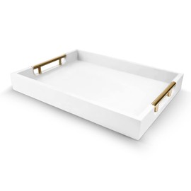 NELONY Wooden Decorative Coffee Table Tray, 16" Serving Tray with Handles, Matte Finish Decorative Tray, Ottoman Tray for Living Room, Perfume, Vanity Dresser Organizer (Ivory White)