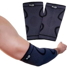 Coderas deportivas de compresion (PAR) - soporte para el codo, ideal para codo de tenista y golfista, hecho de material flexible y transpirable para mayor comodidad (Negra, Chica)