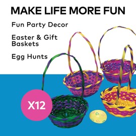Fun Express Multi-Colored Bamboo Round Baskets for Easter - Decorative Storage Containers Party Supplies Craft Organizers Easter Basket Fillers - Gifts Parties Decorations - Assorted Colors 12 Pieces