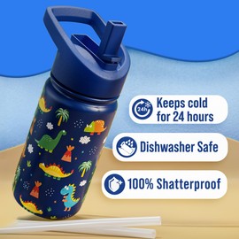 Klevly Stainless Steel 14 OZ Kids Water Bottle with Straw | BPA-Free Insulated Water Bottle with Leak-Proof Lid | Dinosaur Kids Water Bottle for School | Kids Stainless Steel Water Bottles
