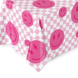 Whaline Preppy Party Tablecloth 104 x 60 Inch Smile Faces Plaids Tablecloth Waterproof Pink White Checked Y2k Rectangle Table Cover for Bachelorette Birthday Preppy Party Favor Picnic Supplies