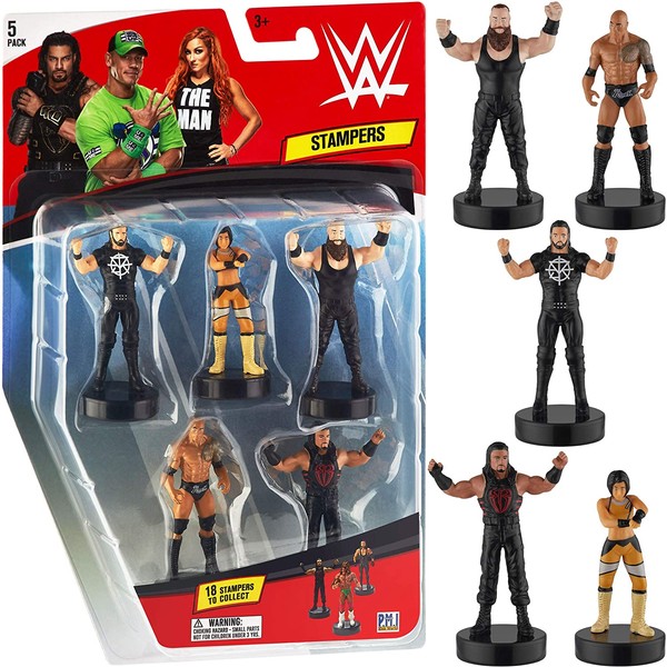 PMI WWE Superstar Stampers, Set of 5 – Self-Inking WWE Superstars for Crafts, Party Decor, Cake Toppers Gifts – Roman Reigns, Bayley, The Rock, Seth Rollinss and More, 2.3-2.5 in. Tall.