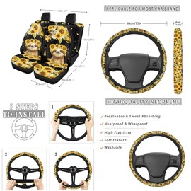 Suobstales Sloth Sunflower Daisy Print Car Accessories Set of 13, Include 4 Auto Seat Covers, 1 Steering Wheel Cover, 1 Trash Can, 2 Seat Belt Covers, 2 Coasters, 1 Rearview Mirror Cover, 2 Keychians