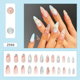 Almond 3D Press on Nails Medium Cute Fake Nails with Starfish Shell Design Handmade False Nails French Tip Nails Sky Blue Gel Acrylic Nails Glue on Nails Romantic Stick on Nails for Women Girls 24Pcs