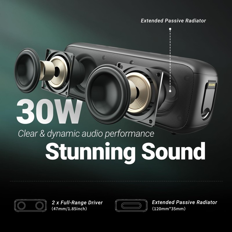 BOGASING G6 Bluetooth Speaker, Portable Wireless Speakers with 30W Punchy