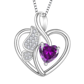 Lwsary Butterfly Necklace 925 Sterling Silver Love Heart Necklace Amethyst Pendant February Birthstone Jewelry for Women
