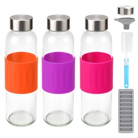 Zukro Glass Water Bottles with Lids 18 oz, Reusable Clear Juice Bottles Stainless Steel Airtight Cap for Juicing, 100% Leak Proof Juice Drinking Jar With Sleeve for Refrigerator, BPA Free, Set of 3