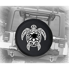 White Tribal Pattern Sea Turtle Marine Animal Sea Life Ocean Creature for Summer Nature Lover JL Spare Tire Cover with Backup Camera Hole Black Size 32 Inch with Grommets