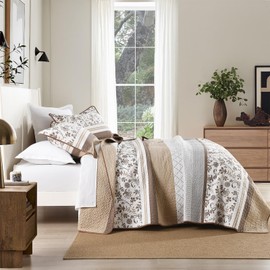 Quilta 100% Cotton Queen Size Quilt - Brown Boho Bedding Set 3pcs, Farmhouse Coverlet, Soft and Breathable Bohemian Striped Bedspread for All Seasons (1 Quilt, 2 Pillow Shams)