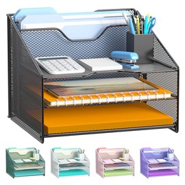 Samstar - Organizador de escritorio para archivos, con rejilla, soporte para carpetas de cartas con 3 bandejas de papel y 2 secciones verticales, para