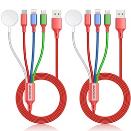 2Pack Travel Essentials Multi Charging Cable for Watch Charger 4 in 1 Fast Charger Camping Essentials USB C/L/Micro Compatible with Watch Series 10-1/SE/Ultra Phone 16 15/Galaxy Android-4FT/Red