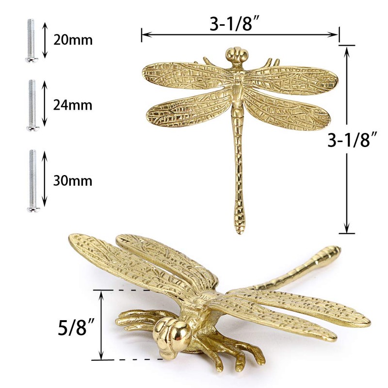 JUXYES Pack of 2 Brass Dragonfly Cabinet Knobs, Golden Tone