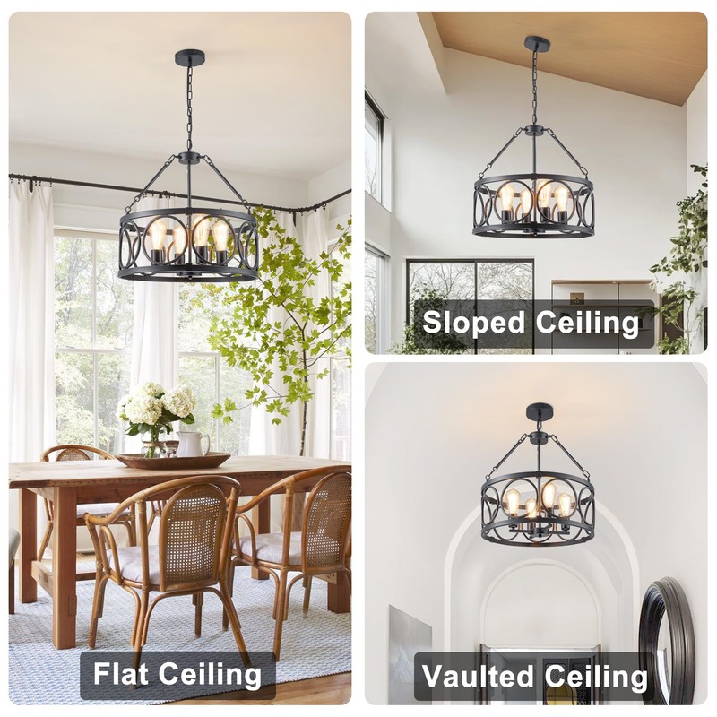 PNOUKF 4-Light Farmhouse Chandelier, Industrial Drum Pendant Light, Adjustable Height