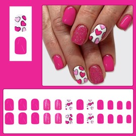 24 Pcs Valentine's Day Press on Nails Short Square - ZIFANHU Rose Red Glitter Fake Nails Press ons Nail Art Tips Full Cover Acrylic Glossy False Nails with Cute Heart Design Glue on Nails for Women