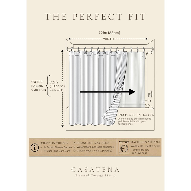 CasaTena Farmhouse Striped Shower Curtain - 72x72 Inches, Linen Blend