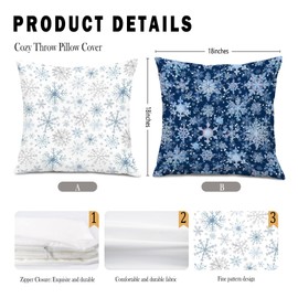 Winter Snowflake Throw Pillow Covers 18x18,Christmas Snowflake Decor,Blue and White Winter Holiday Decorative Pillow Covers for Home Bedroom Living Room,Set of 2