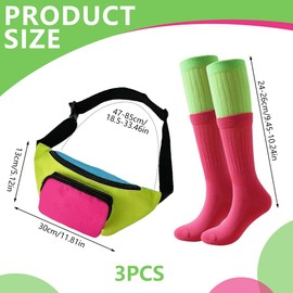 80s Bumbag Retro Neon Fanny Pack with Slouch Sock Long Scrunch Sock 2 Pockets Belt Bag 90s Costumes Accessories for Women Men Waist Packs for Holiday Festival 80s 90s Party Outfits