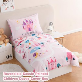 STYHO Pink Duvet Cover for Cot Bed Princess Castle Printed Toddler Duvet Cover Set Soft Reversible Girls Children Dinosaur Bedding Set with Pillowcase(Castle, Cot Bed)