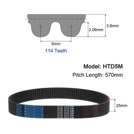 sourcing map HTD-5M Rubber Toothed Belt 570 mm Circumference x 25 mm Width x 3.6 mm Height, 114 Teeth Closed Loop Groove Belt, 5 mm Pitch