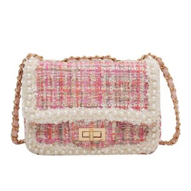 KERYHEBN Designer Chain Shoulder Purse for Women Trendy Ladies Quilted Crossbody Bag Clucth Handbags Evening Bag Tweed Purses, Pink1