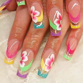 Rilafuvu Medium Press on Nails Coffin Fake Nails French Nails with Flower Designs Glue on Nails Colorful Glitter Acrylic Nails Press ons Glossy Press on Nail Stick on Nails for Women and Girls 24Pcs