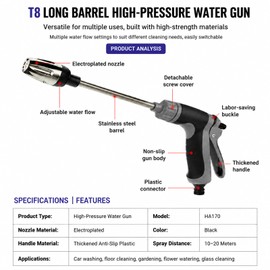 Pressure Washer Nozzle, Long Metal Extension Pole, Ergonomic Non-Slip Handle, Universal Quick Connect, for Aquoxis Watering Plants & Outdoor Cleaning, Black