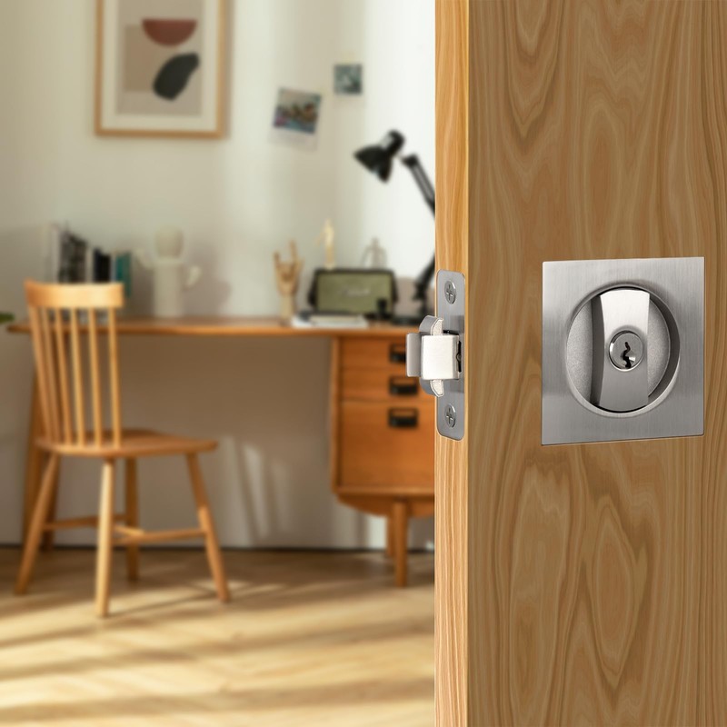 Square Pocket Door Lock, Satin Nickel Pocket Door Hardware, Sliding