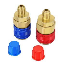 Flexzion R134A Adapter Quick Coupler Set - Straight Design Brass High/Low Side 134a Adapter Fittings, Leak-Resistant 1/4" SAE Flares, Hose Connectors for Car AC Evacuation & Recharging