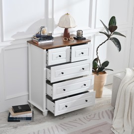 GDFStudio Modern Dresser with 5 Drawers, Tall Chest of Drawers Wood Storage Cabinet with Wide Top for Bedroom, Living Room, Entryway, or Office, Ivory White