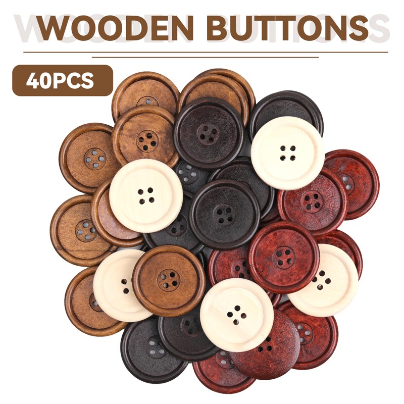 40pcs Round Wood Buttons 4 Holes for Sewing Clothing,Sewing Buttons