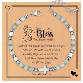 HEEYA Holy Communion Gifts for Girls, Green Beaded Bracelets Adjustable Cross Bracelets for Girls Her Daughter Teen, First Communion Gifts Religious Faith Jewellery Gifts for Girls Christians