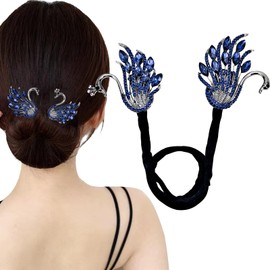 Rhinestone Swan Hair Bun Maker with Elegant Twist, Crystal French Hairstyle and Ocean Blue Feather Hairpin Accessories for Women Girls