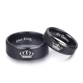 LAVUMO King and Queen Rings for Couples - 2pcs His Hers Stainless Steel Matching Ring Sets for Him and Her - Promise Engagement Wedding Band Black Comfort Fit (Men 10 & Women 8)