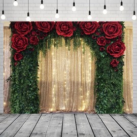 CRTPOD 7x5ft Golden Glitter Backdrop for Photography Green Leaf Wall Arch Red Rose Background for Birthday Party Decor Wedding Anniversary Banner Photoshoot Studio Props