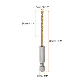 sourcing map 4pcs 1/4" Hex Shank Drill Bits 3mm Titanium Drill Bits Set M35 High Speed Steel Twist Drill Bit 80mm Long Fully Ground for Wood, Stainless Steel, Metal, Plastic Plastic