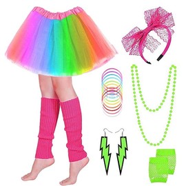 PINEPAN Neon Costume Accessory Set Tutu Skirt Lace Bow Headband Neon Earrings Necklace Leg Warmer Fishnet Gloves Bracelet Rainbow