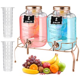 Lallisa 2 Pcs 2 Gallon Glass Drink Dispenser with Stand Ice Cylinder Hanging Chalkboard Signs 18/8 Stainless Steel Spigot Beverage Dispensers for Parties Mason Jar Drink Lemonade (Rose Gold)