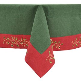 Mr Crimbo Christmas Tablecloth Green Red Fabric Luxury Embroidered Holly Berries Rectangle - 52 x 70