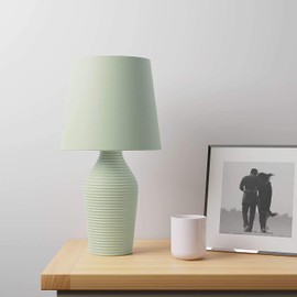 EEMKAY® New Ceramic Luna Stoneware Sage Green Table Lamp with Faux Linen Fabric Shade Home Décor M-19 - Green