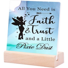 Bedency All You Need is Faith Trust and a Little Pixie Dust Elegant Plaque Desk Decor Gift Positive Plaque with Wooden Stand Office Inspirational Plaque Sign